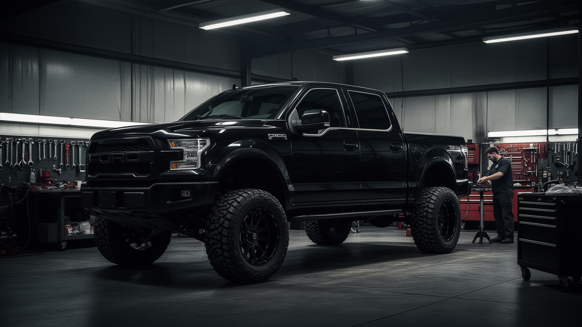 Lifted truck inside a customization shop