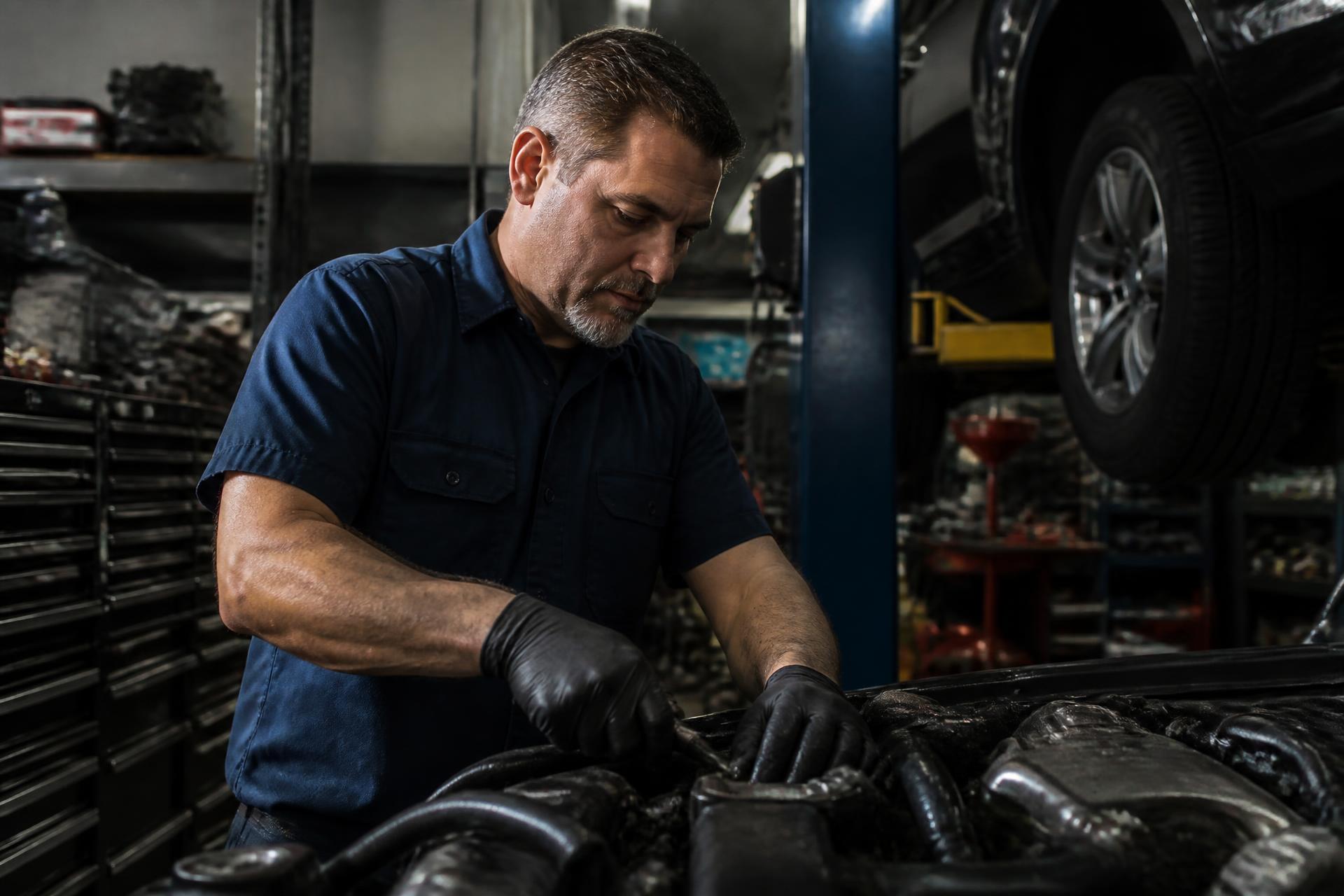 Experienced automotive technician working on a vehicle inside an independent auto repair shop