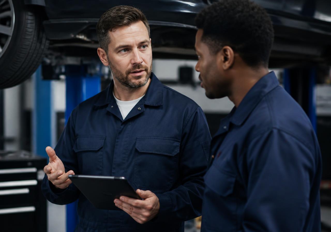 Two automotive technicians talking in a repair shop
